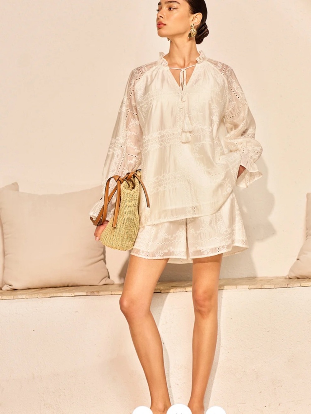 Commense Embroidery Detail Long Sleeve Short Set Xl